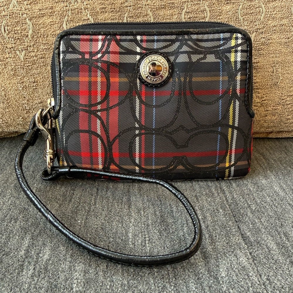 Coach Poppy Tartan Plaid Zip Around Wallet